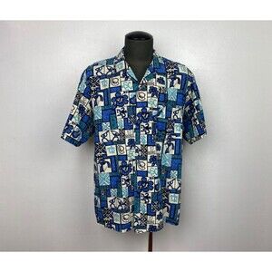Vintage Mens Hawaiian Shirt XL-2XL Blue Geometric Cotton Floral Beach Bum Party